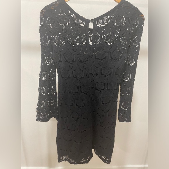 Roxy Women's Black Lace Inset Long Bell Sleeve Shift Dress Medium Slip Lined - Picture 6 of 12
